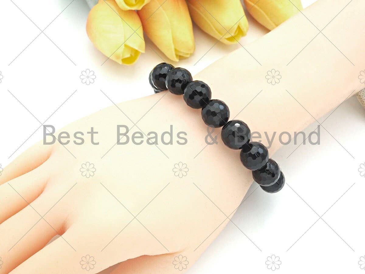 Black Onyx Round Faceted Stretchy Bracelet, Sku#EF04