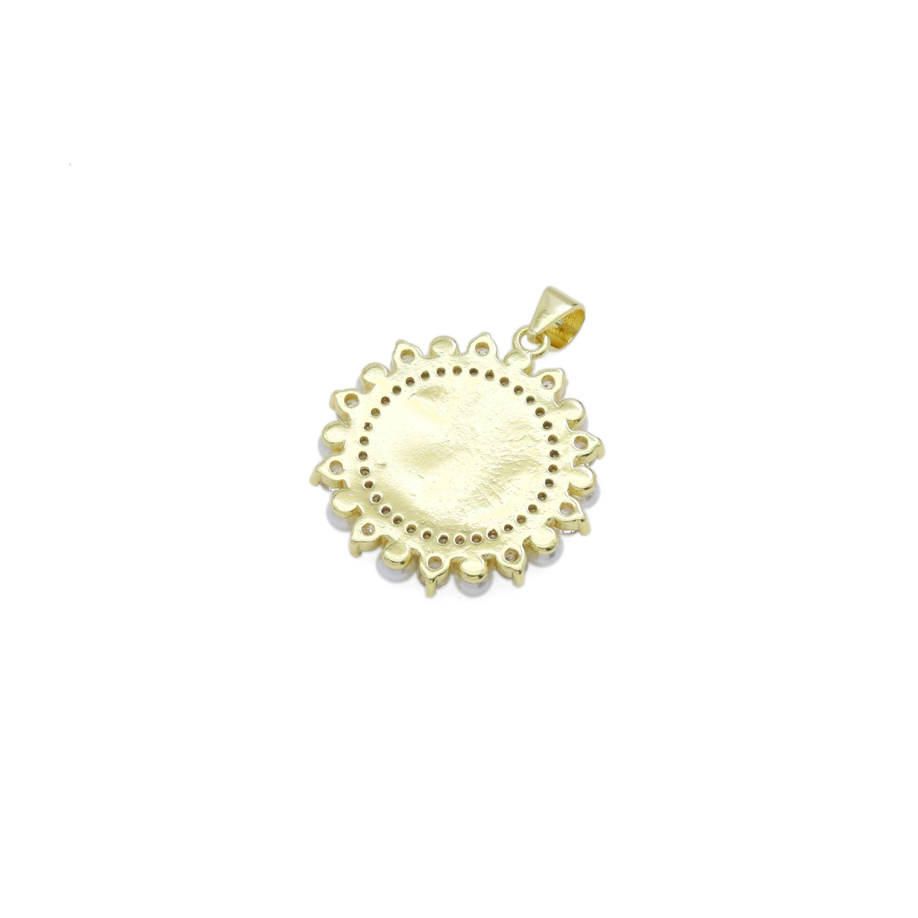 Virgin Mary On Round Coin White Pearl Charm, Sku#Z1482