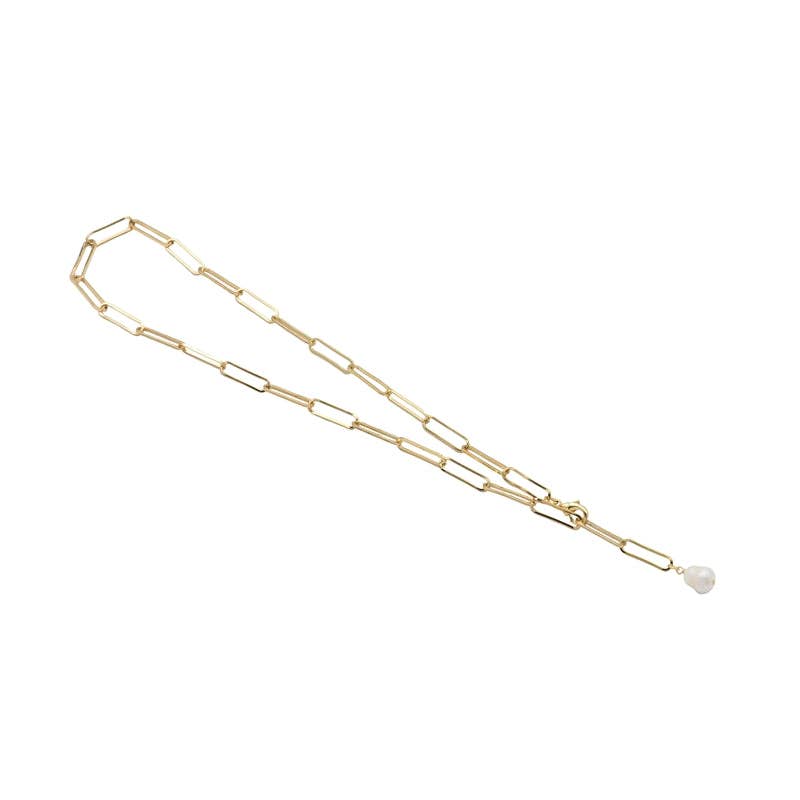 Gold Paperclip Chain Pearl Adjustable Necklace,sku#EF318