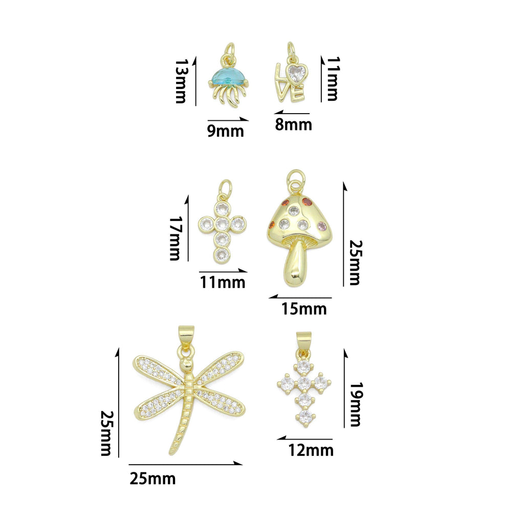 CZ Gold Love Cross Mushroom Jellyfish Dragonfly Charm Pendant,Sku#LD748