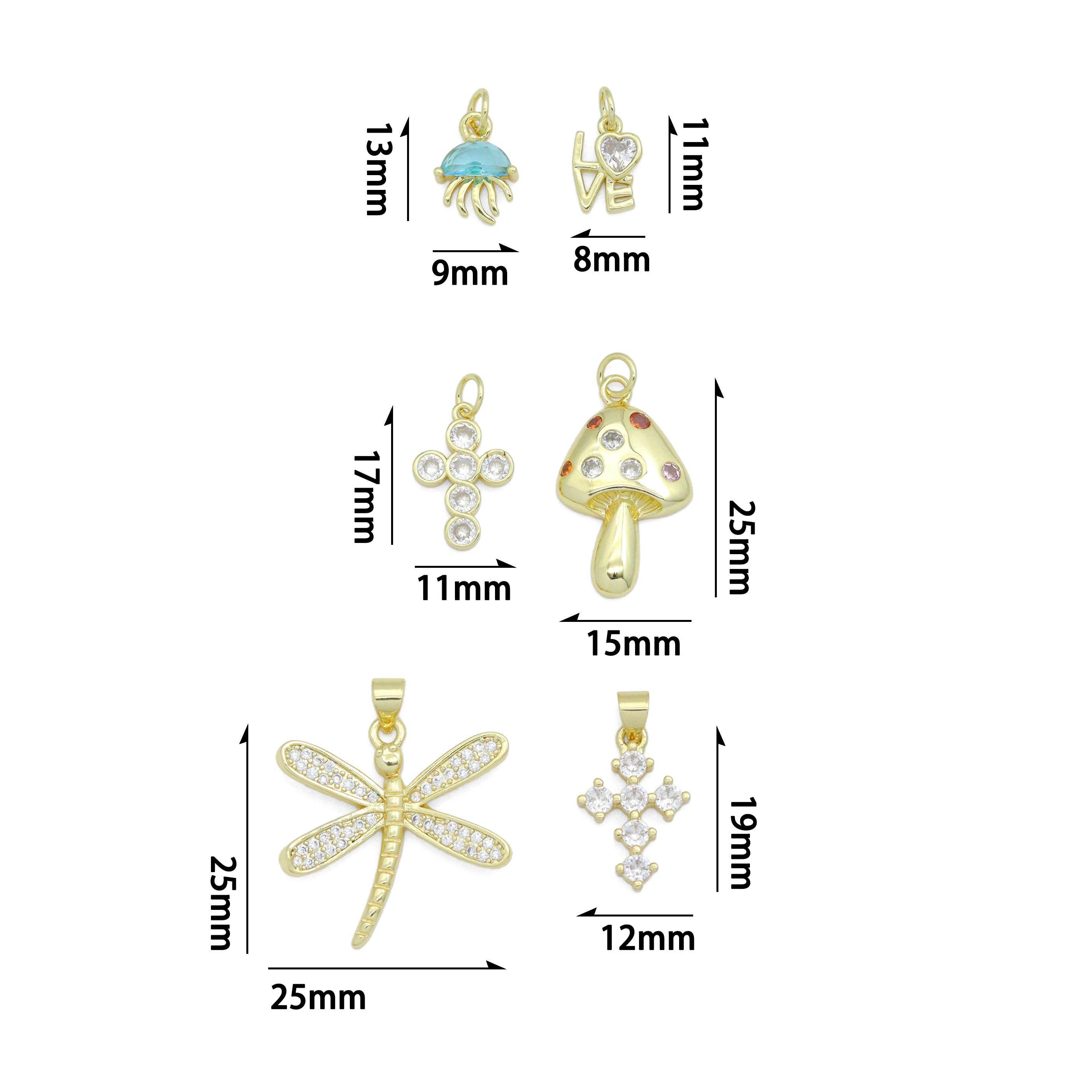 CZ Gold Love Cross Mushroom Jellyfish Dragonfly Charm Pendant,Sku#LD748