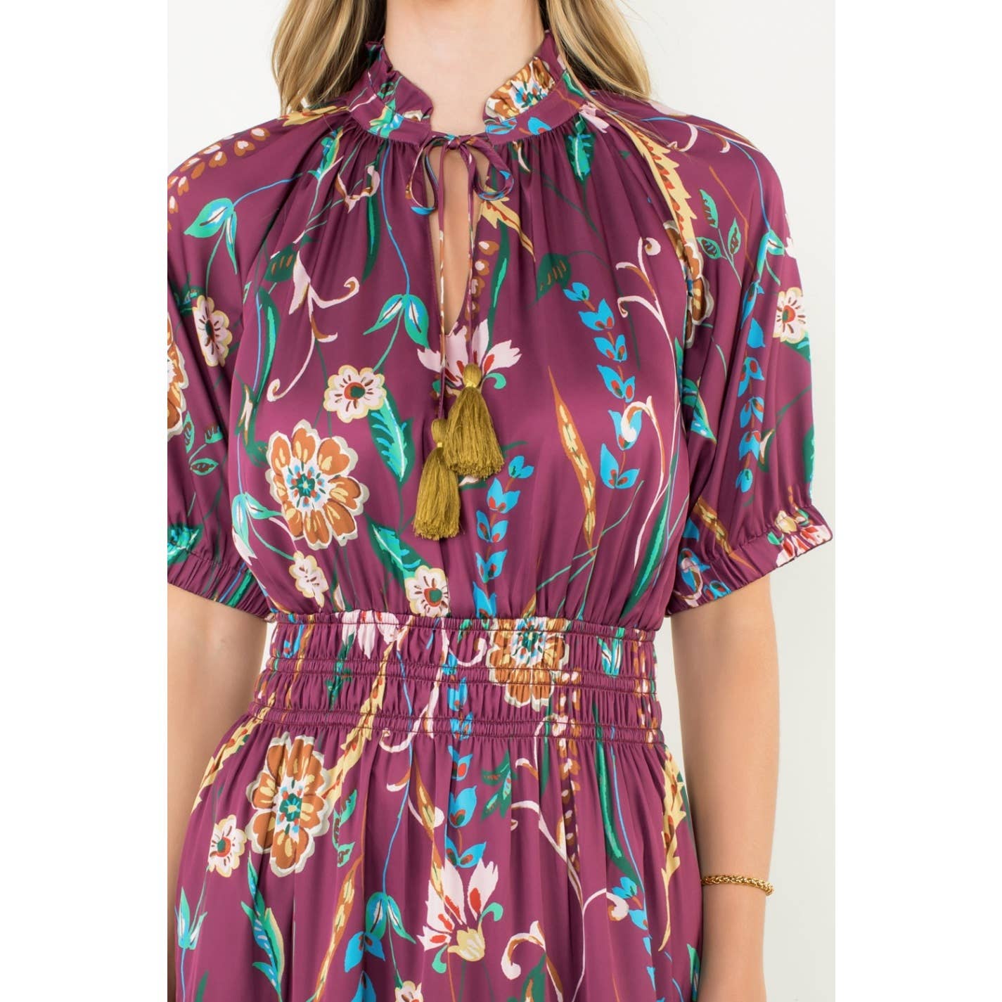 Presley-Smocked Waist Tassel Floral Maxi Dress