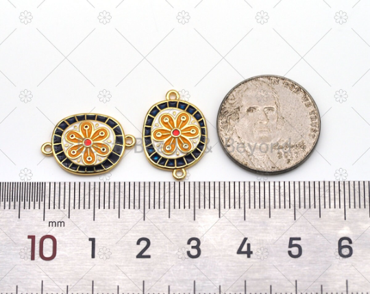 Colorful Enamel Flower On Oval Shape Connector,18K Gold Filled CZ Micro Pave Flower Charm, Necklace Bracelet Charm Pendant, Sku#Y561