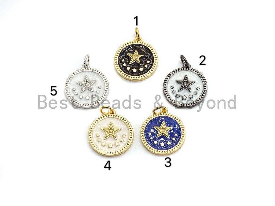 NEW DESIGN CZ Pave Enamel Star on Round Pendant, Star Enamel Charm Pendant,Enamel Round Pendant, Oil Drop jewelry Findings, 16x18mm,sku#Z251