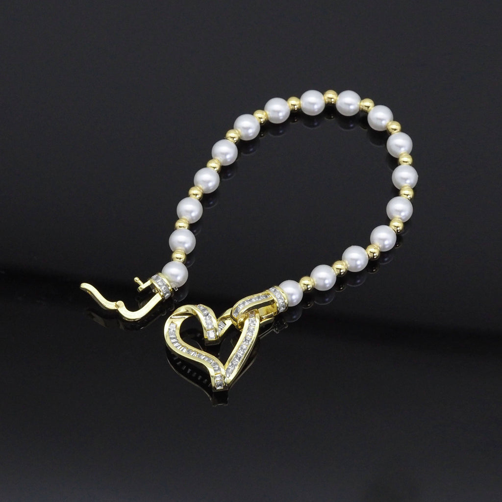 Pearl Gold Spacer with Heart Clasp Bracelet , Sku#LD474