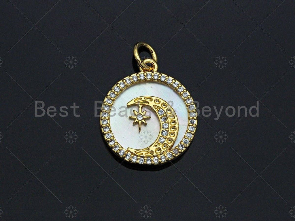 18K Gold CZ Micro Pave Moon Star Inlay Mother-of-pearl Pendant Charm, Cubic Zirconia Moon Star Charm, 16mm, sku#Z1134