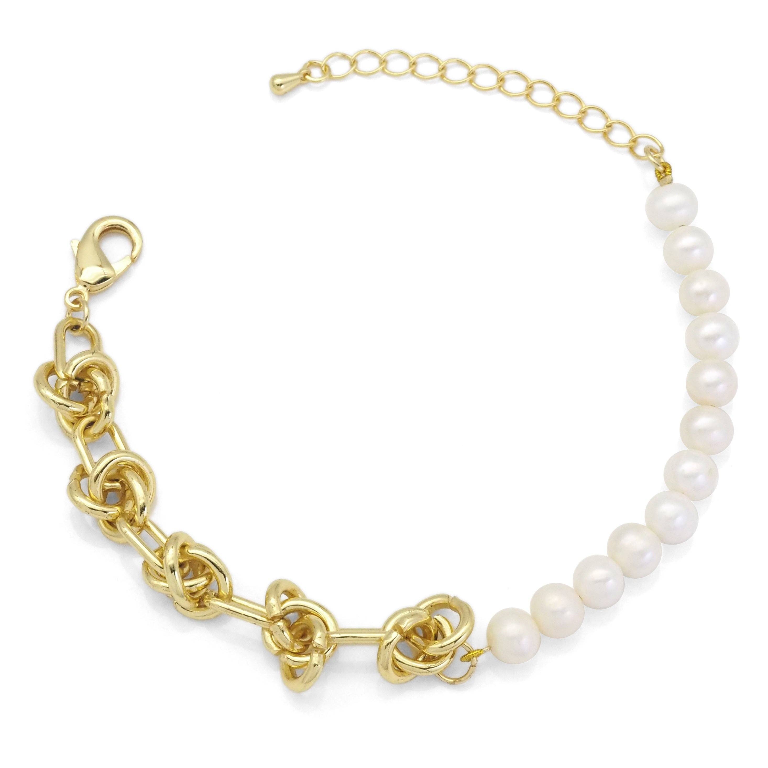 Knotted Link Chain Freshwater Pearl Bracelet Necklace, Sku#EF352C