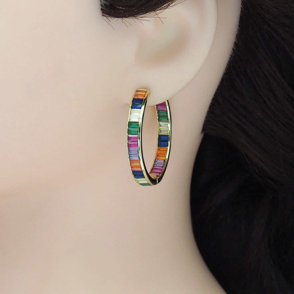 Colorful Baguette CZ Hoop Earrings, Sku#LD470c