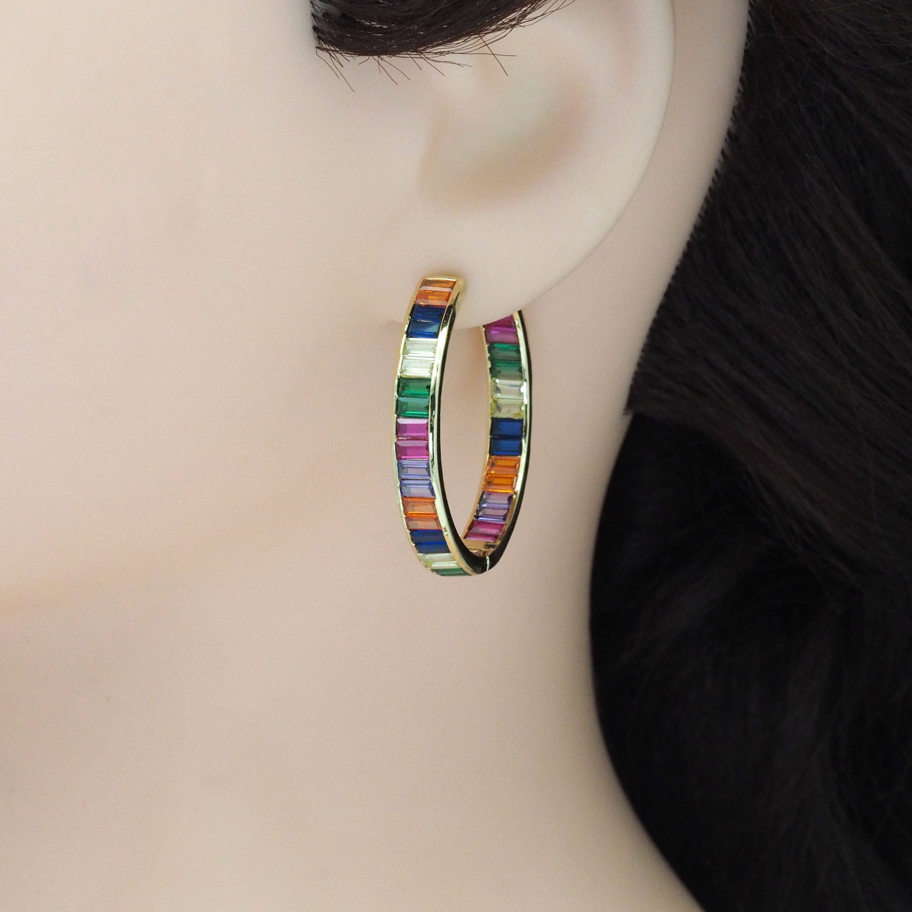 Colorful Baguette CZ Hoop Earrings, Sku#LD470c