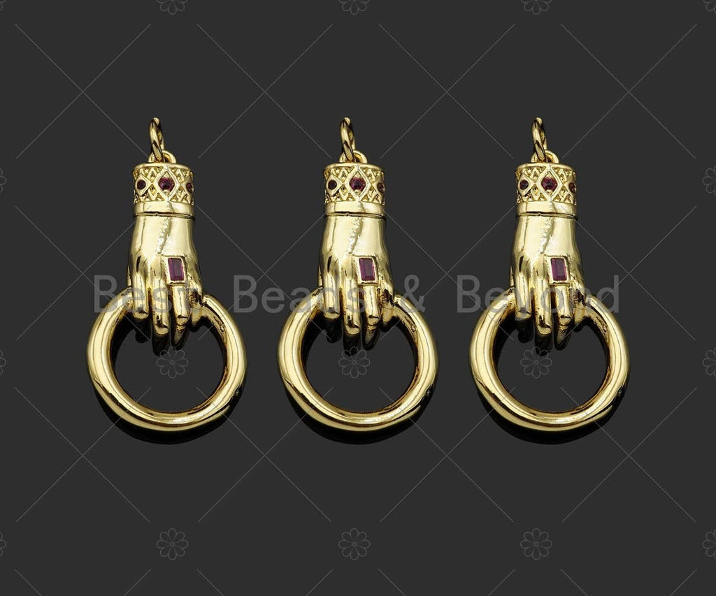 Gold Filled Fuchsia CZ Micro Pave Hand Grabing Round Ring Shape Pendant,18K Gold Filled Charm, Necklace Bracelet Pendant, 28x15mm,Sku#Z1369