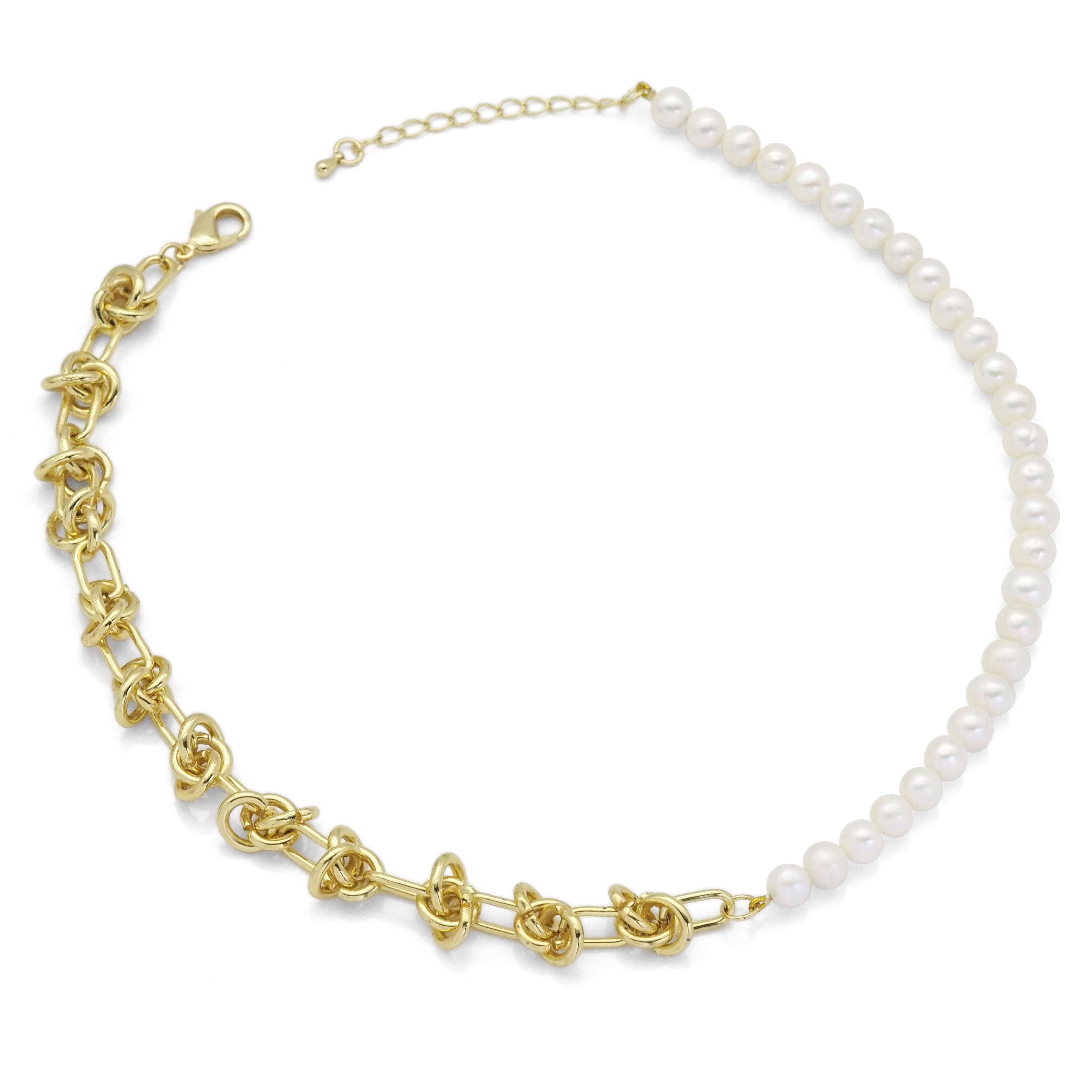 Knotted Link Chain Freshwater Pearl Bracelet Necklace, Sku#EF352C