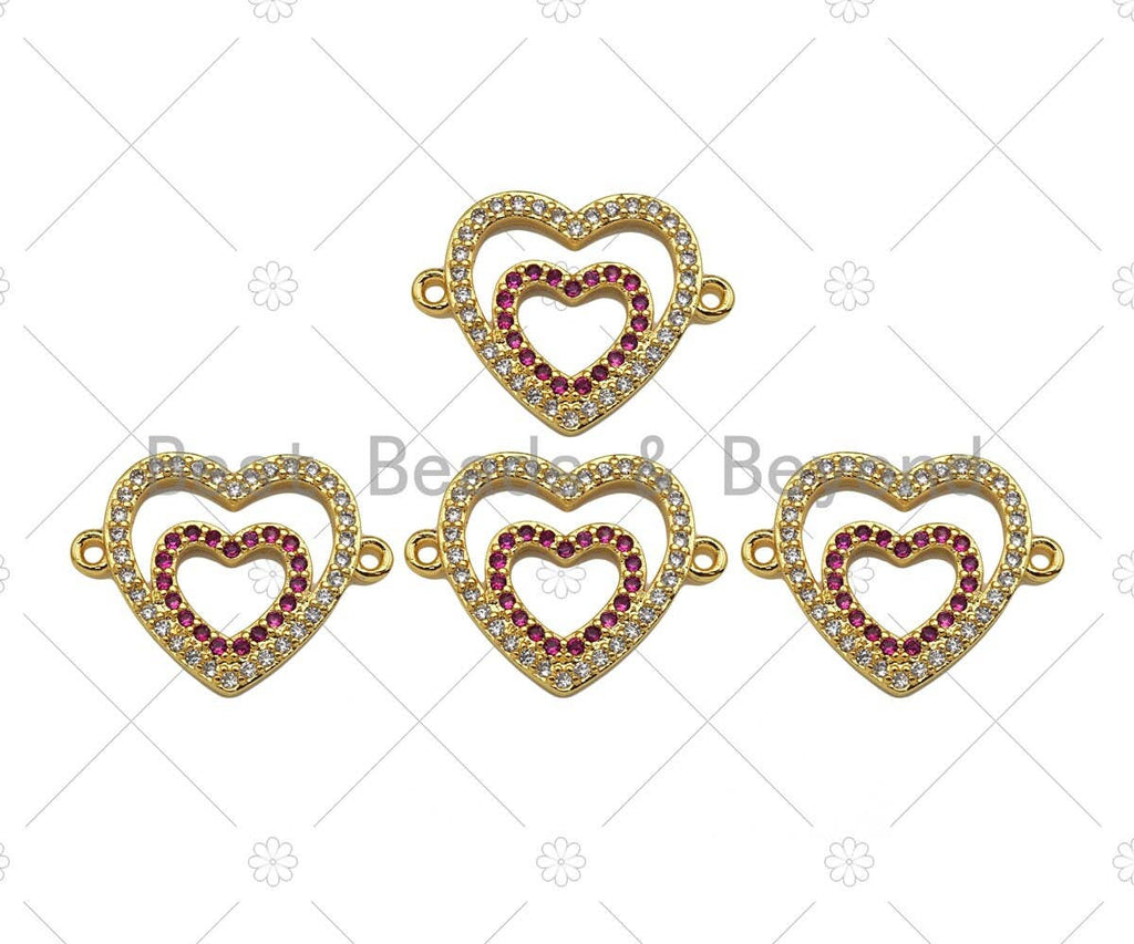 Gold Filled Fuchsia CZ Heart with Clear CZ Heart Shape Connector,18K Gold Filled Heart Charm, Necklace Bracelet Pendant,17x23mm,Sku#LK367