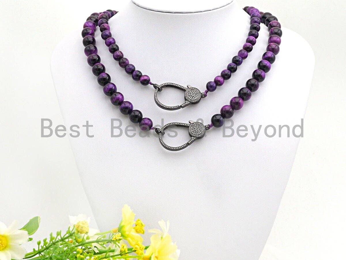 Purple Tiger Eye Attachment Necklace with Large CZ Pave Gunmetal clasp, 16/18 long, sku#D38