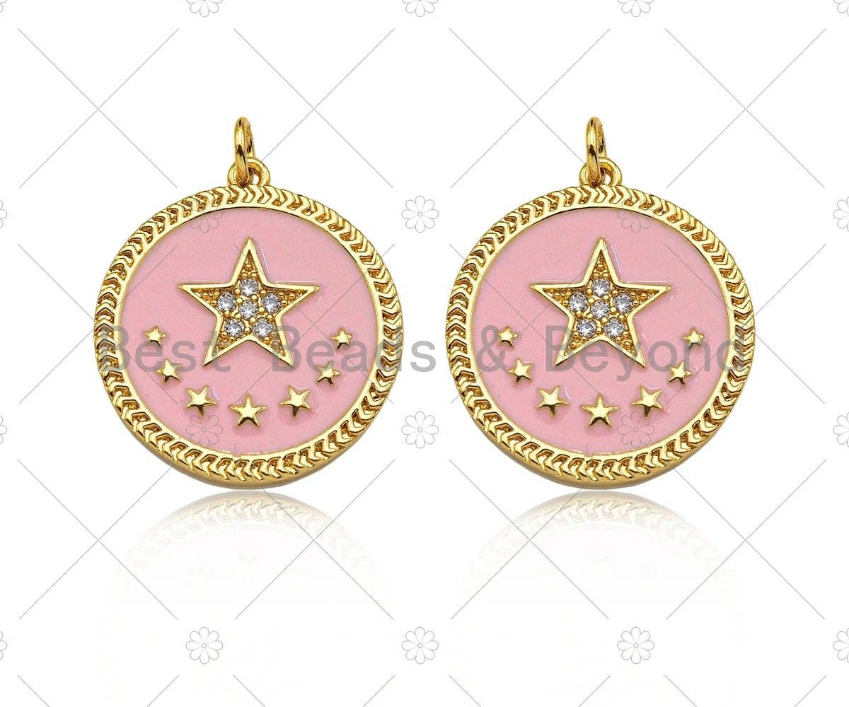 CZ Micro Pave Enamel Pink Five Star On Round Coin Pendant, 18K Gold Pendant, Star Charm, Pink Enamel Charm, 24x22mm,Sku#L565