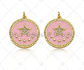 CZ Micro Pave Enamel Pink Five Star On Round Coin Pendant, 18K Gold Pendant, Star Charm, Pink Enamel Charm, 24x22mm,Sku#L565