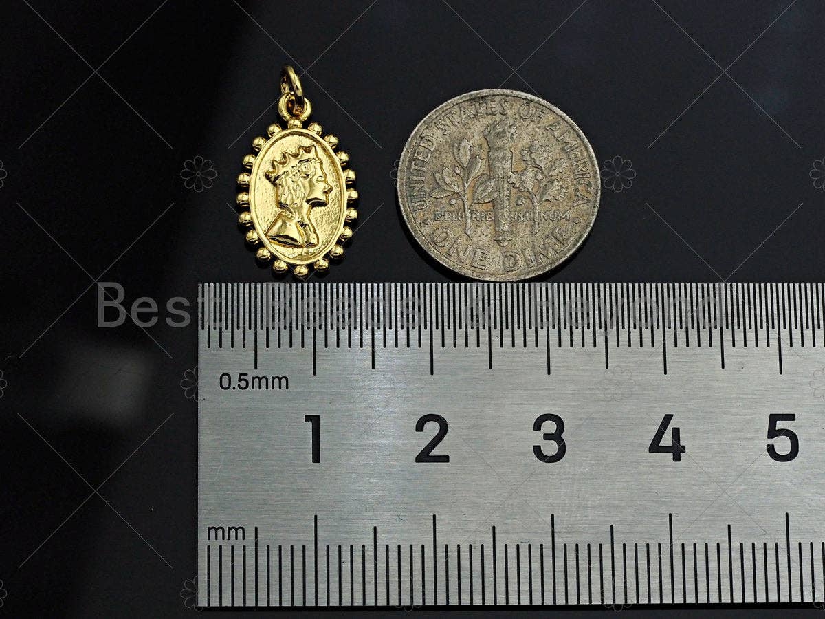 Gold Medallion Queen Elizabeth Coin Pendant, Vintage Necklace Pendant, Oval Gold Bracelet Earring Charm Necklace Charms, 11x17mm, Sku#Z1163