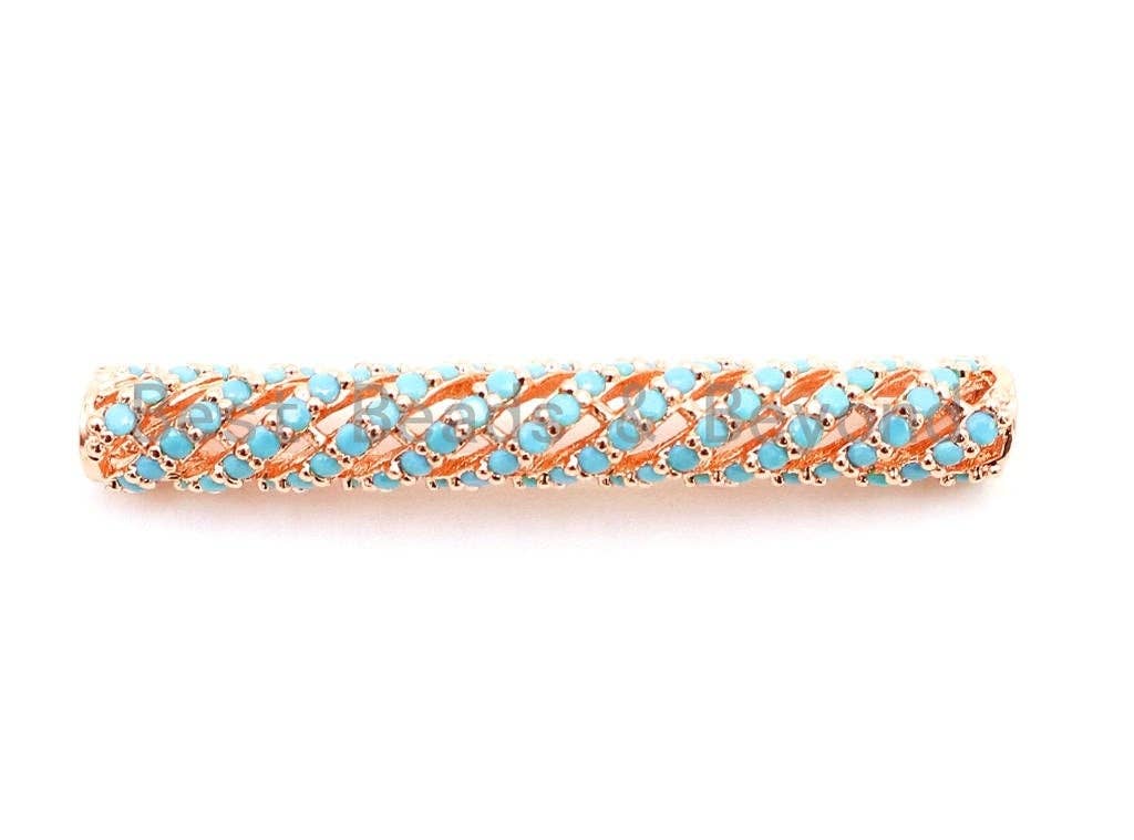 CZ Micro Pave Turquoise Swirling Tube, Cubic Zirconia Bracelet Tube, Spacer Tube for 2mm Leather Cord Finding, 37x5mm, sku#E90