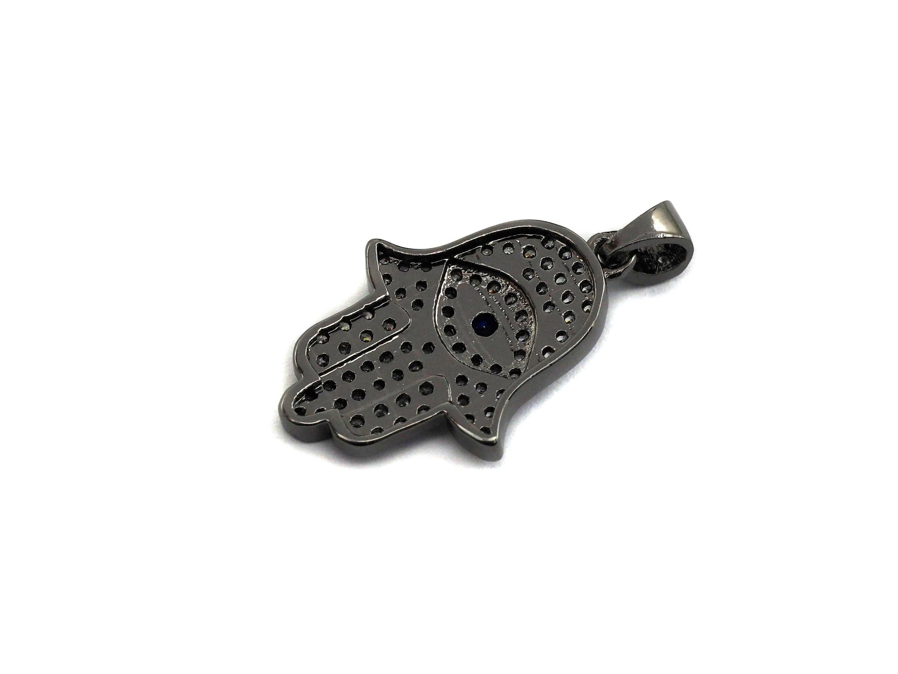 Clear Cobalt Blue CZ Micro Pave Evi Eye On Hamsa Hand Shaped Pendant/Charm, Cubic Zirconia Pendant Charm,15x23mm,sku#Z570