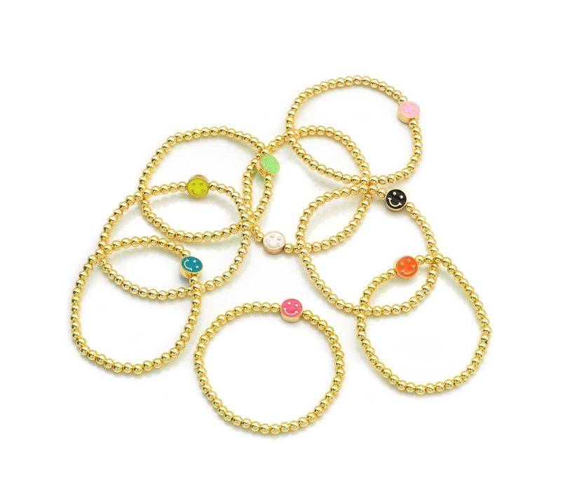 CZ Enamel Smiley Face Gold Hematite Bracelet, Sku#EF148