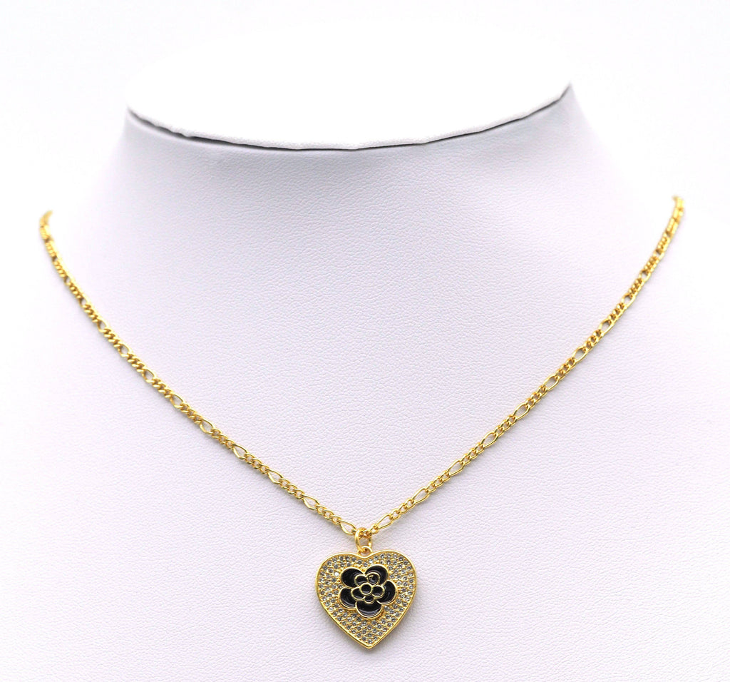 Black White Enamel Rose Flower On CZ Heart Charm, Sku#L671