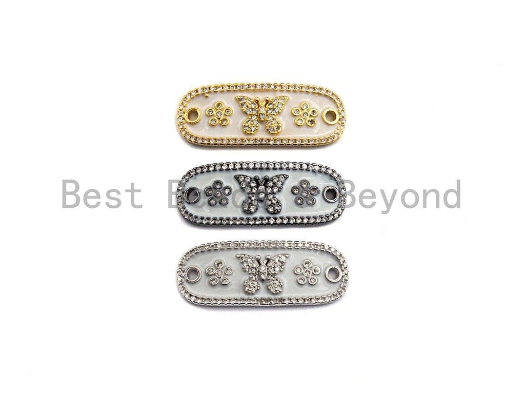 White Enamel Butterfly Flower Oval Bar Connector ,CZ Micro Pave Oil Drop Connector, Enamel Jewelry,11x29mm,sku#Z612