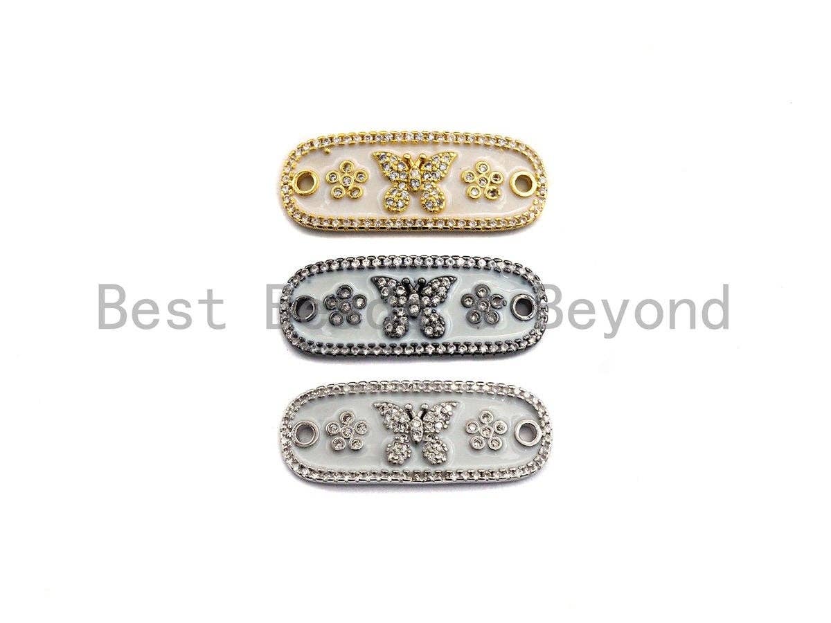 White Enamel Butterfly Flower Oval Bar Connector ,CZ Micro Pave Oil Drop Connector, Enamel Jewelry,11x29mm,sku#Z612