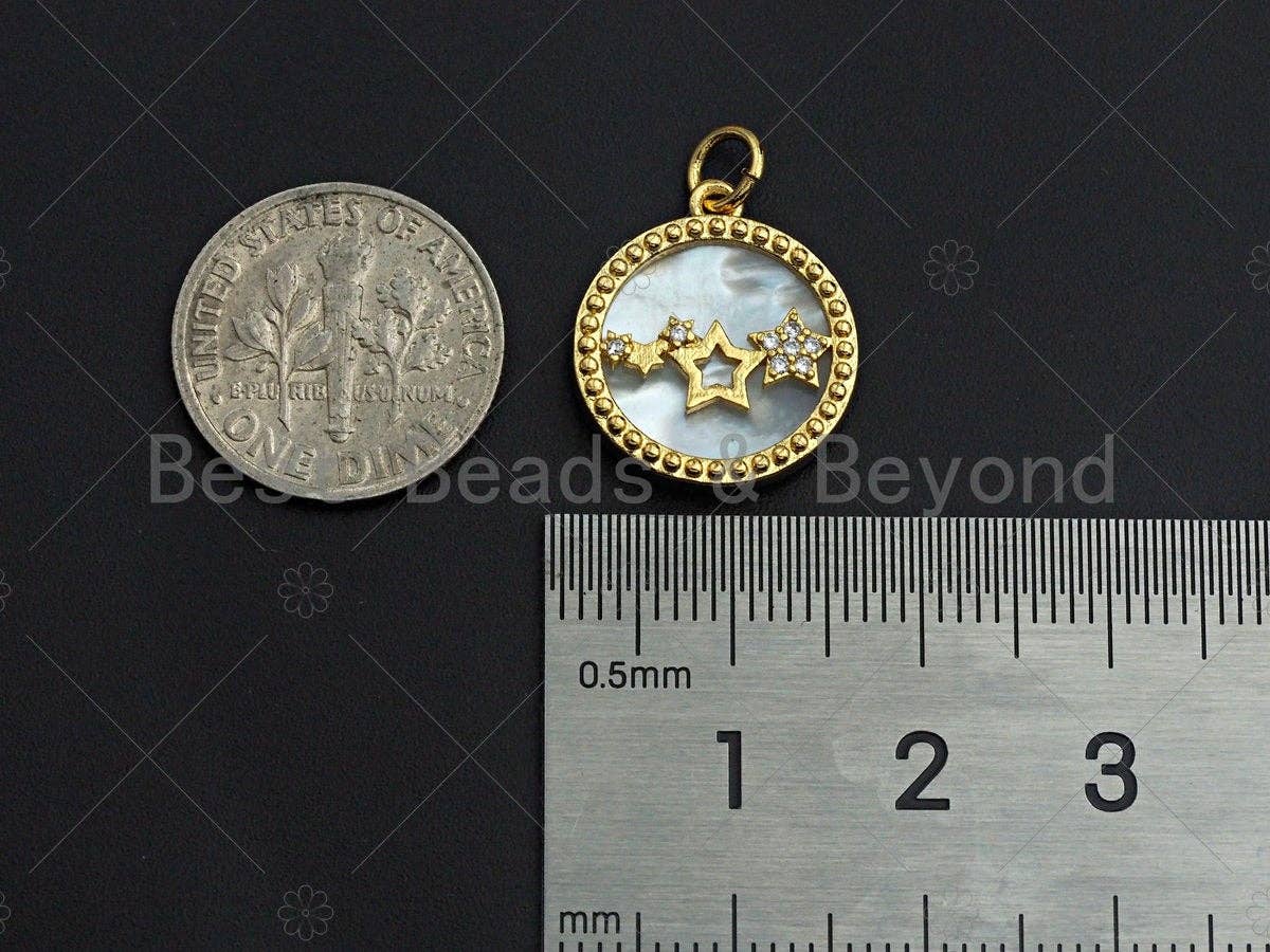 18K Gold CZ Micro Pave Twinkle Little Stars Inlay Mother-of-pearl Pendant Charm, Cubic Zirconia Charm, 16mm, sku#Z1132