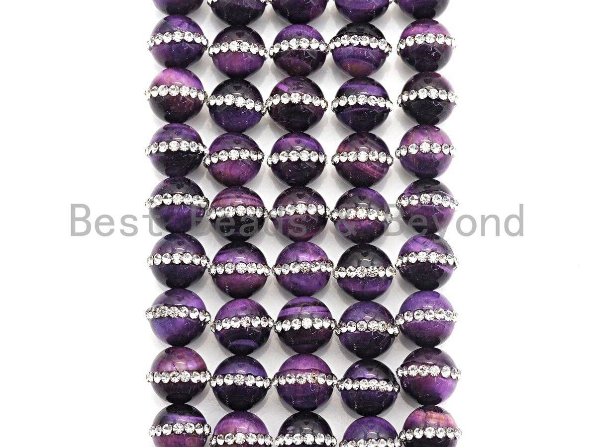 High Quality Purple Tiger Eye with Rhinestone Inlaid, 6mm/8mm/10mm/12mmRound Tiger Eye Beads, 15.5'' Full Strand, SKU#V55