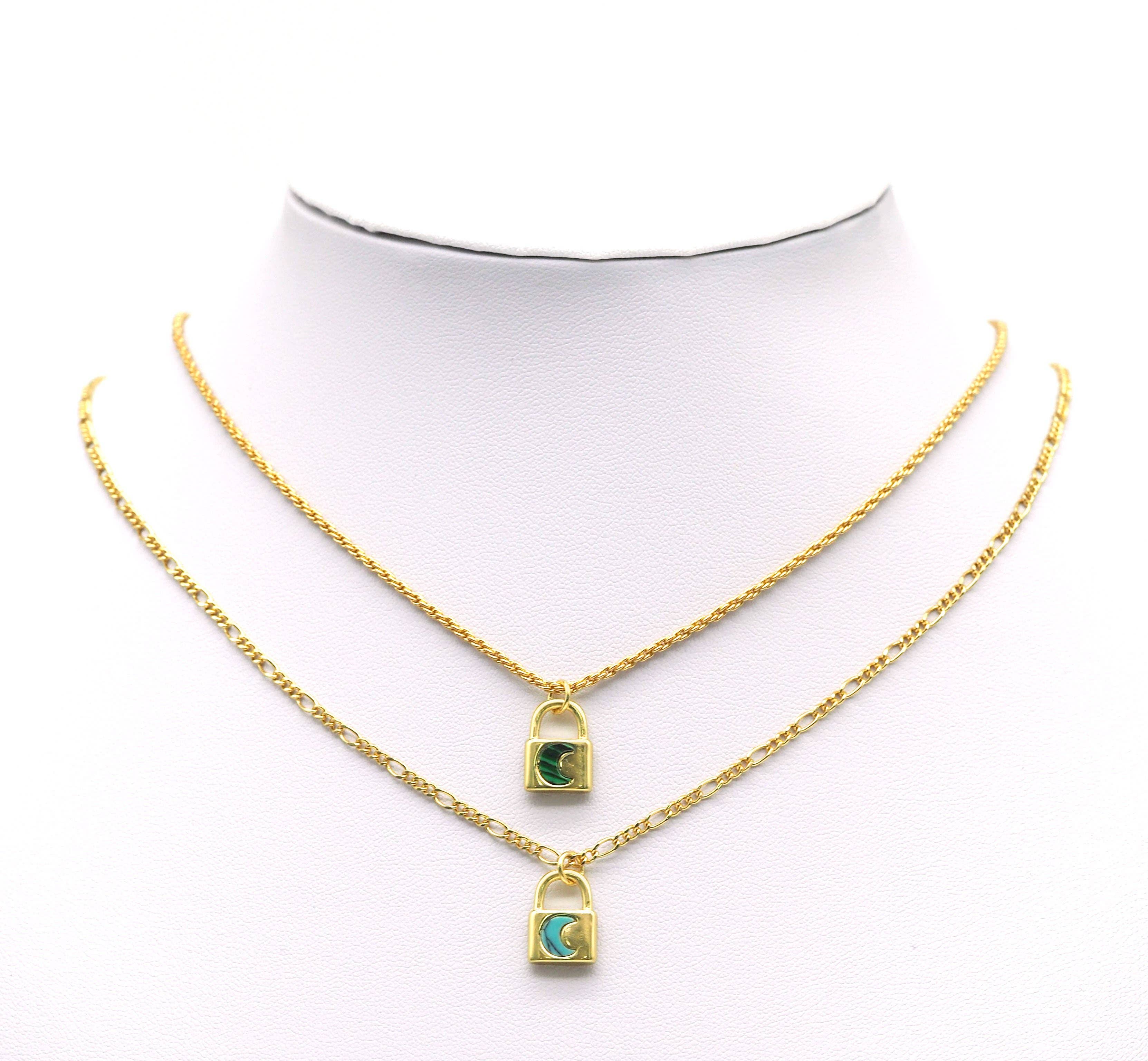 Gold Malachite Turquoise Abalone Cresent Moon Lock Charm, Sku#L681