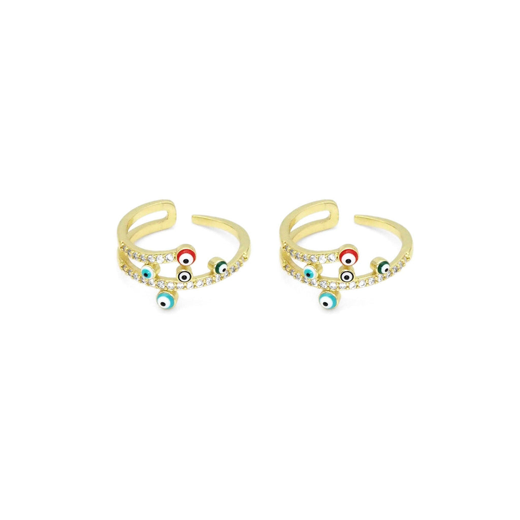 Gold CZ Enamel Evil Eye Adjustable Ring, Sku#Y861