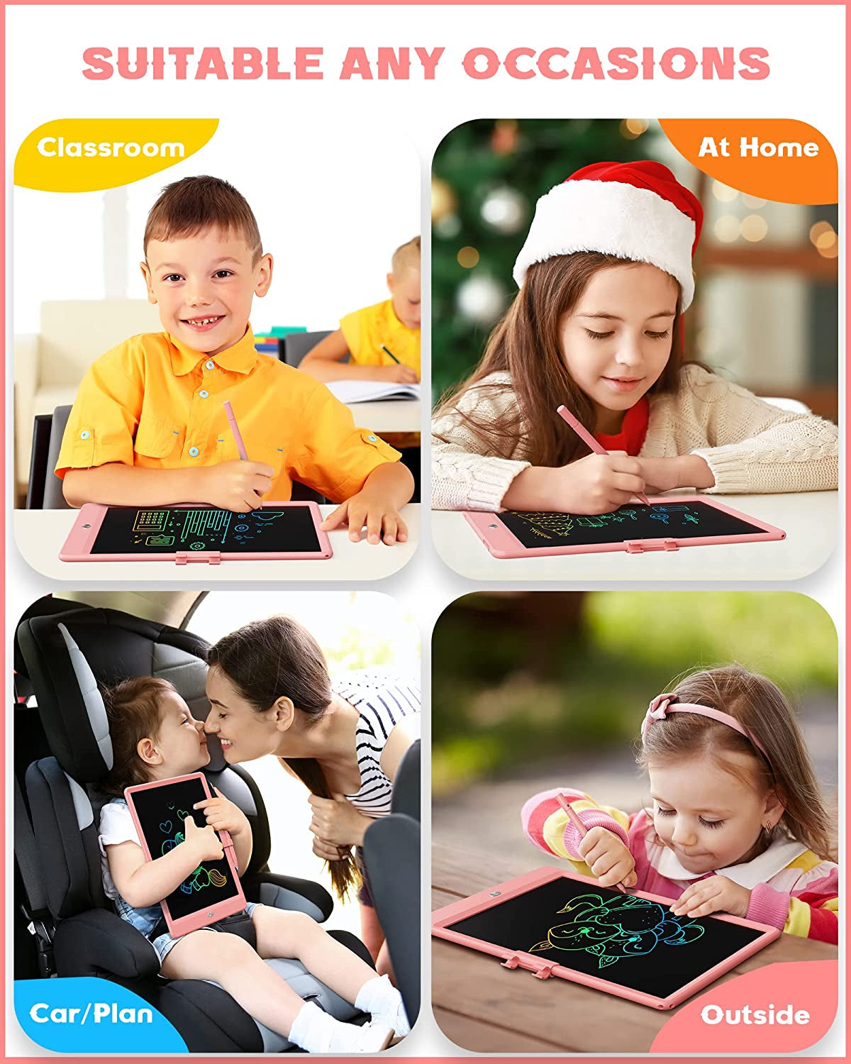 Bravokids 10 Inch LCD Writing Tablet for 3-8 Year Olds - Electronic Drawing Pad and Doodle Board as Educational Birthday Gifts for Girls and Boys (Pink)