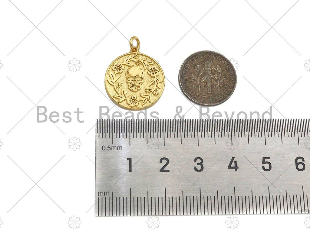 18K Dainty Gold Skull On Round Coin Shape Pendant,Gold Medallion Skull Charm,Necklace Bracelet Charm Pendant,18x20mm,Sku#Z1305