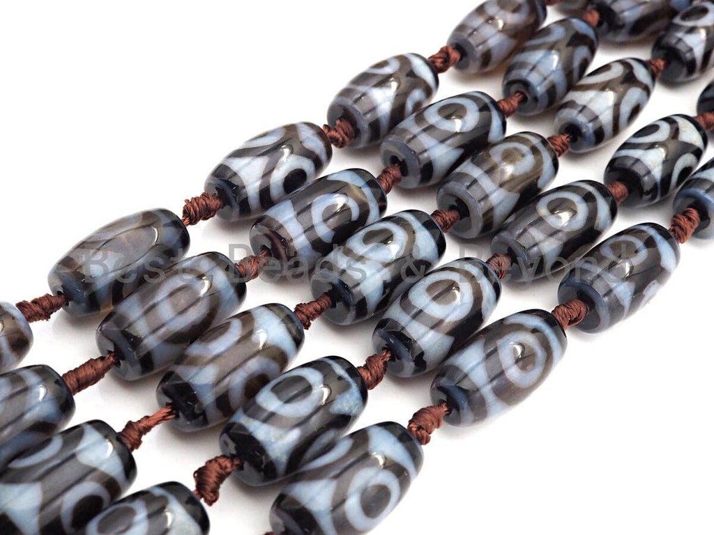 1pc/11pc Natural Tibetan Agate Barrel Spacer Beads, Blue White Black Dzi Spacer Beads, Tibetan Dzi Beads, 13x25mm, sku#U866