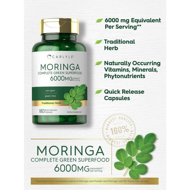 Carlyle Moringa Oleifera | 180 Capsules | Non-Gmo and Gluten Free Supplement | Complete Green Superfood | from Moringa Leaf Powder