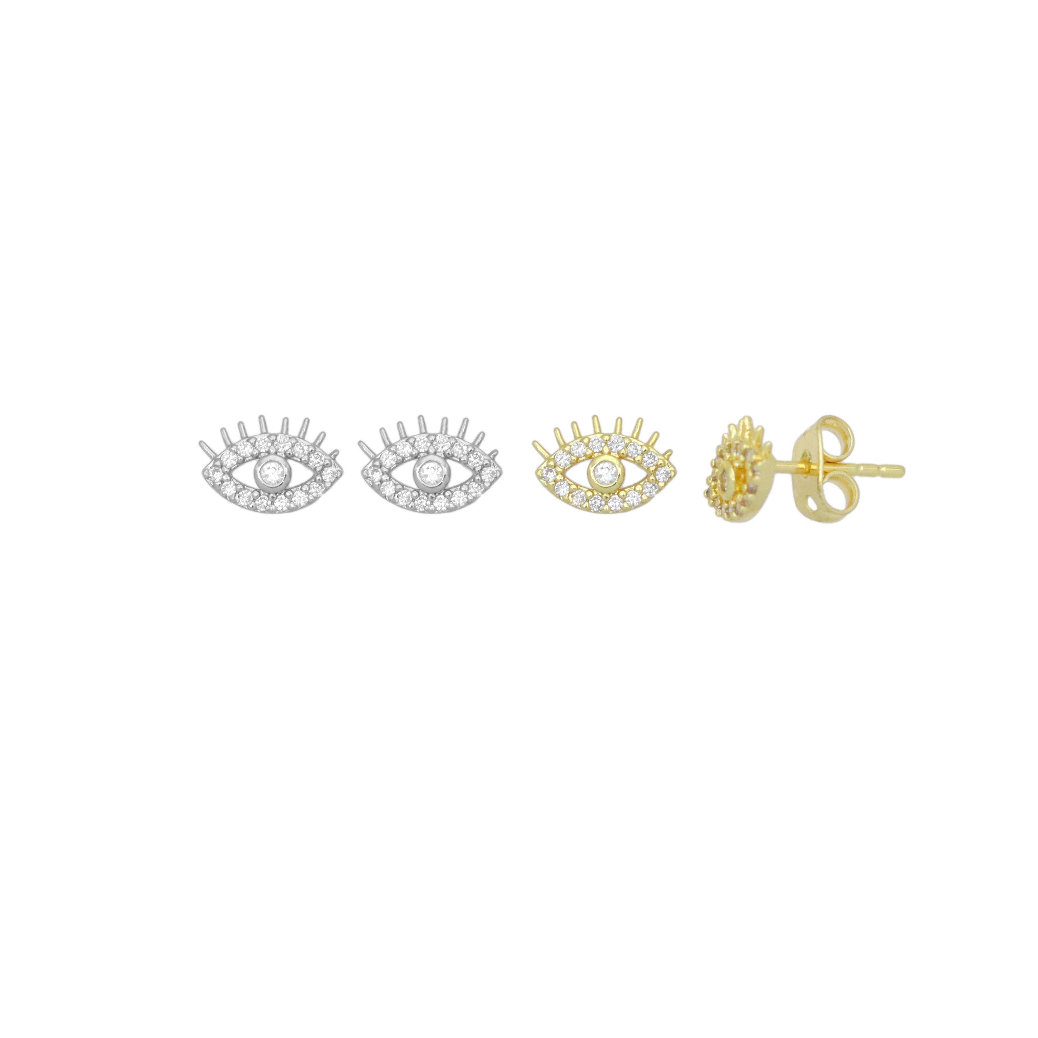 CZ Gold Silver Evil Eye Shape Stud Earrings, Sku#A438