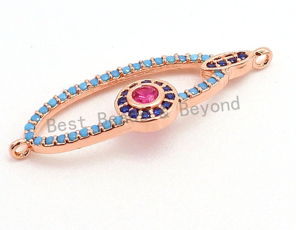 CZ Micro Pave Turquoise Hollow Evil Eye Connector for Bracelet/Necklace, Cubic Zirconia Space Connector, Jewelry Findings,10x31mm,sku#E53C