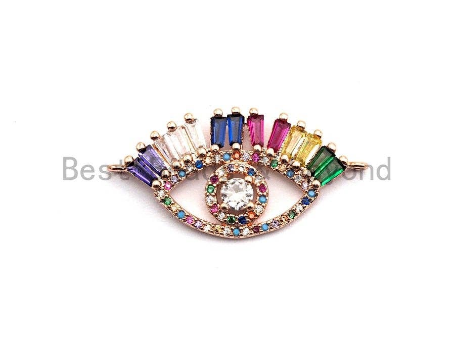CZ Micro Pave Evil Eye With Rainbow Long Eyelashes Connector for Bracelet/Necklace, Cz Space Connector,16x33mm,sku#E480C