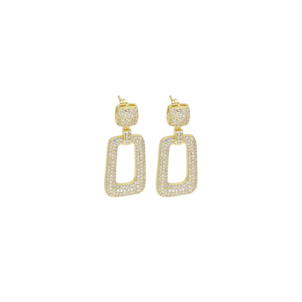 Fully CZ Pave Gold Rectangle Dangle Earrings, Sku#LD521