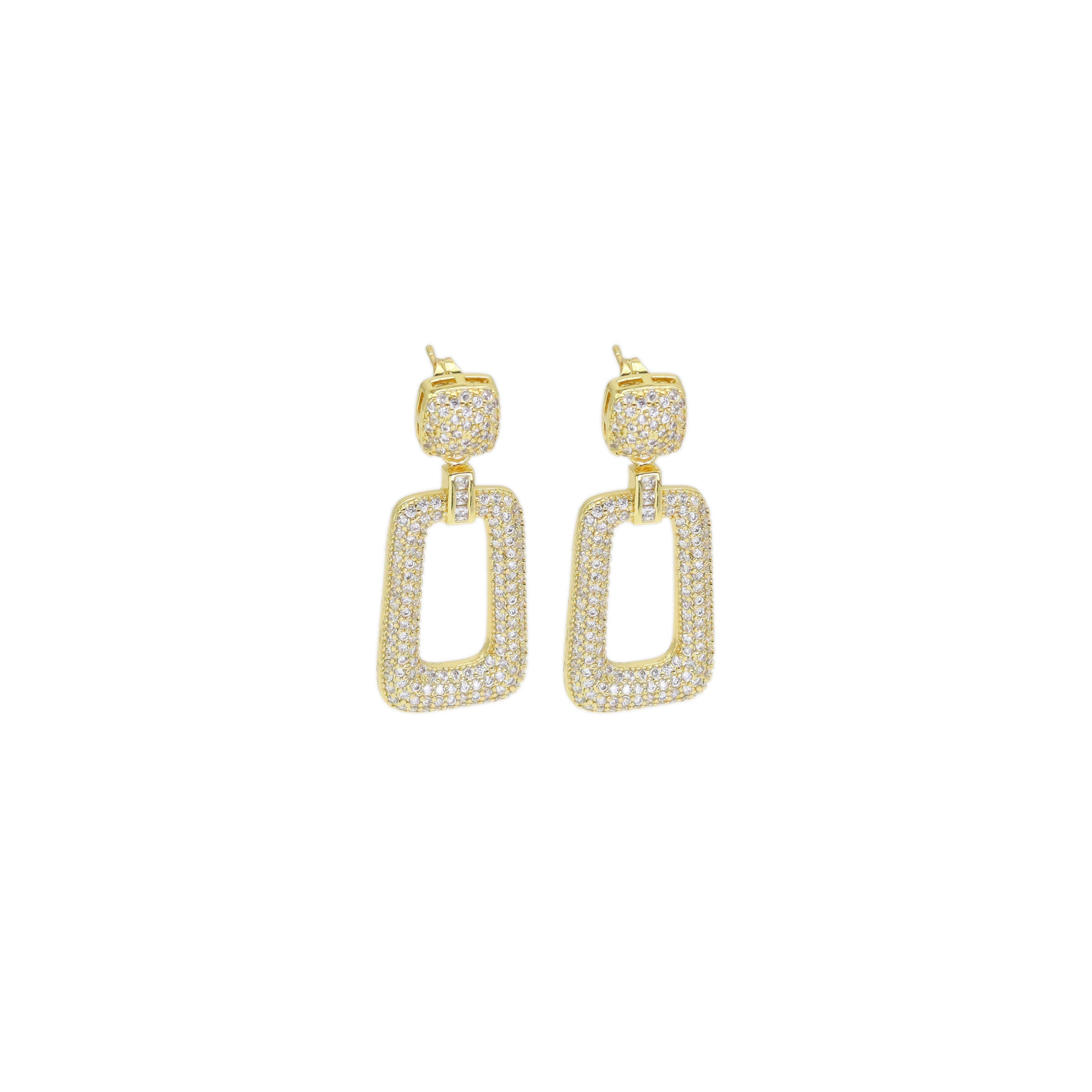 Fully CZ Pave Gold Rectangle Dangle Earrings, Sku#LD521