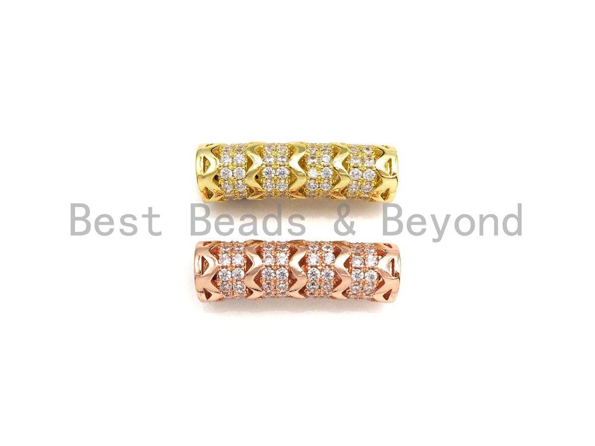 Clear CZ Micro Pave Fancy Wavy Line Big Hole Curved Tube, Cubic Zirconia Spacer Tube for Bracelet, 8x25mm, sku#Z1077