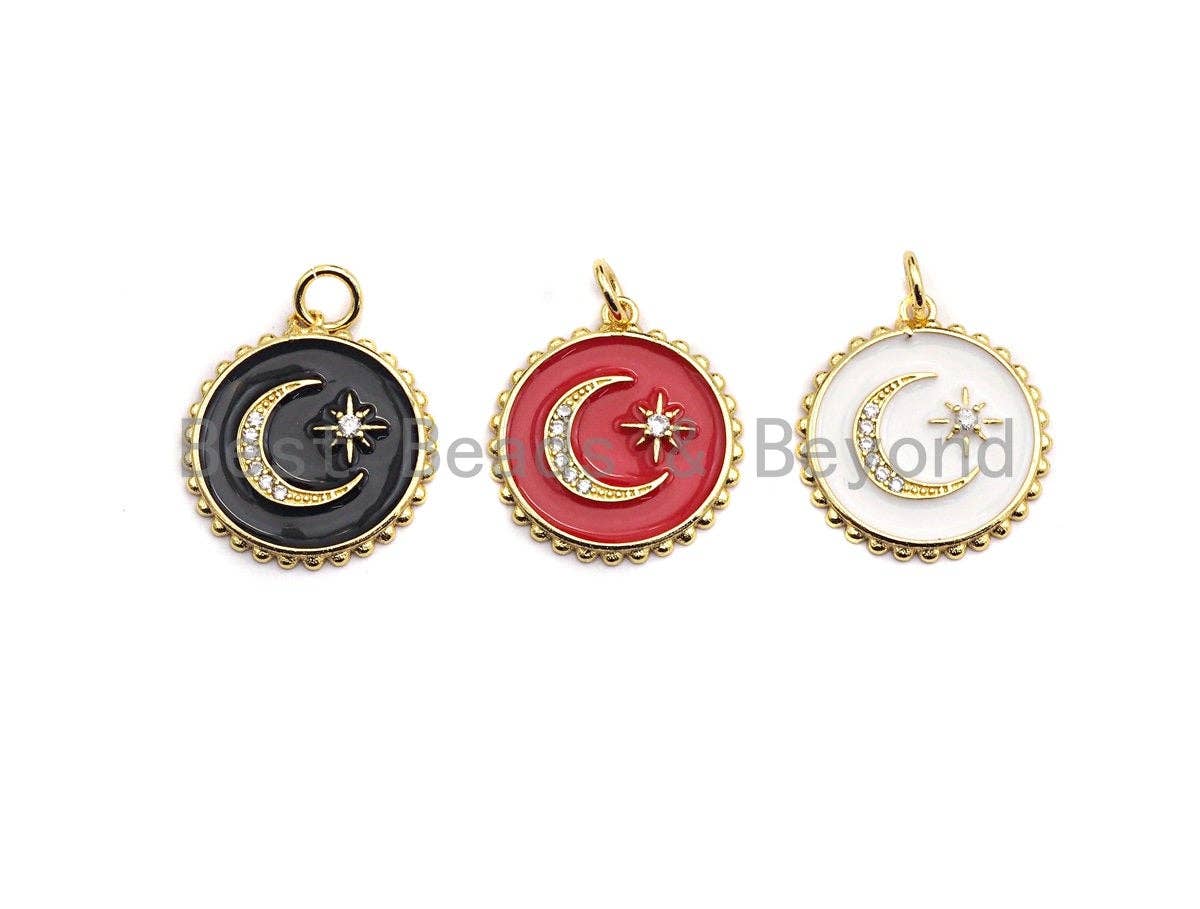 Enamel Moon Star Round disc Charm Pendant, Black/Red/White Enamel charm, Enamel round disc charm, 21x23mm,sku#Z408