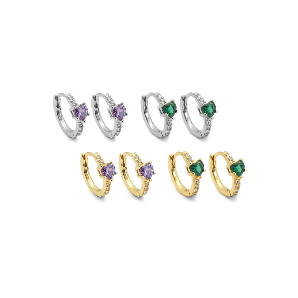Boucles d'oreilles créoles cœur Huggie en or, argent, violet et vert avec oxydes de zirconium, Réf. A126