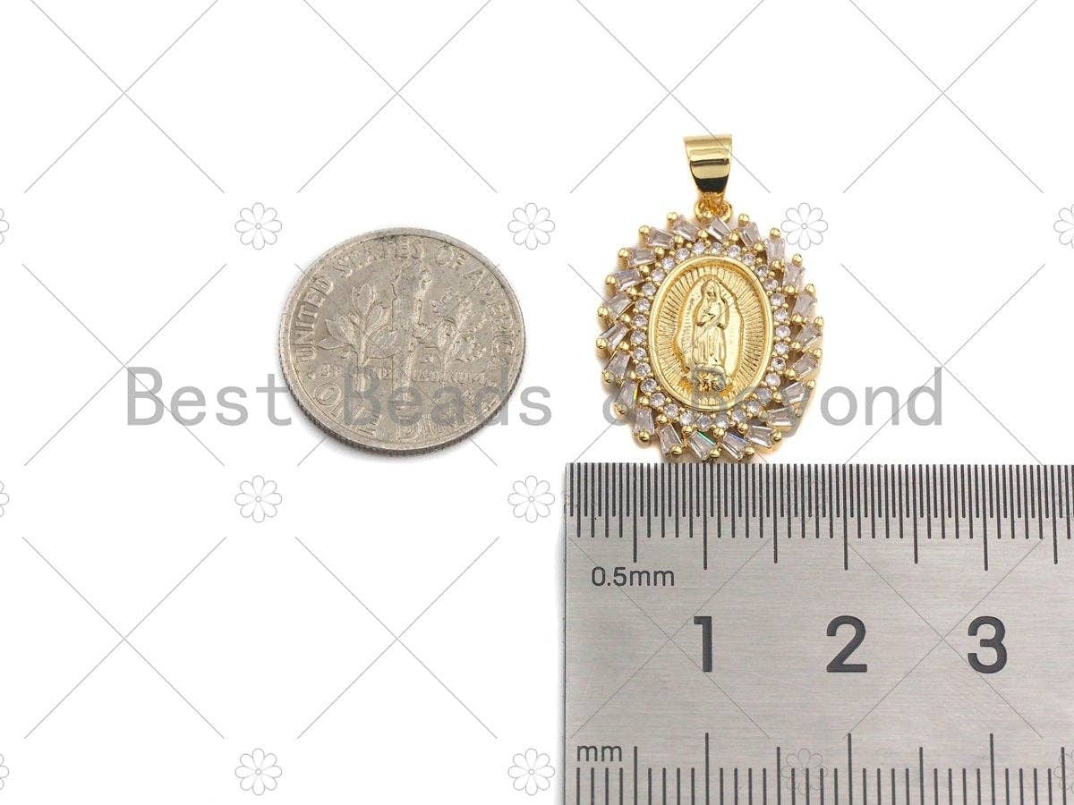 18K Gold Virgin Mary On Oval Emblem Shape Pendant, Oval Char