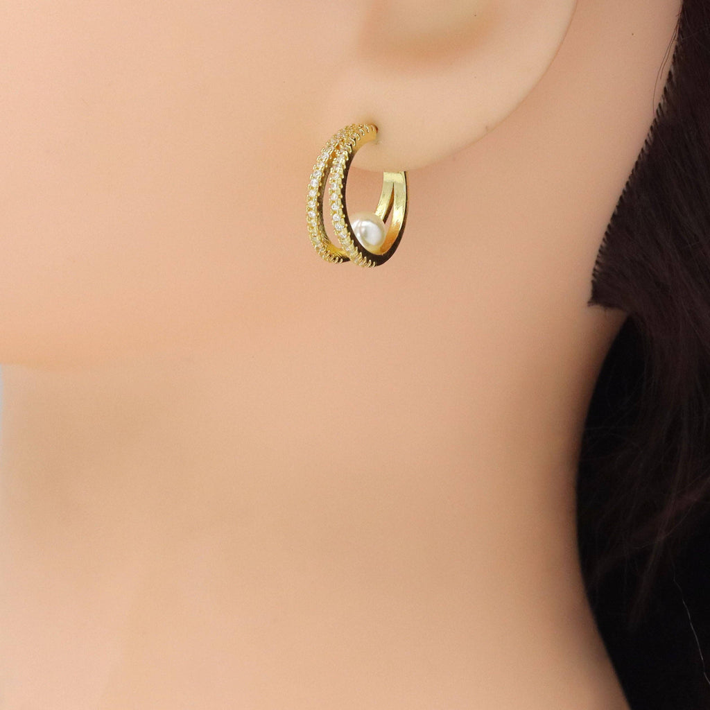 Clear CZ Double Line Pearl Earrings, Sku#LK1013