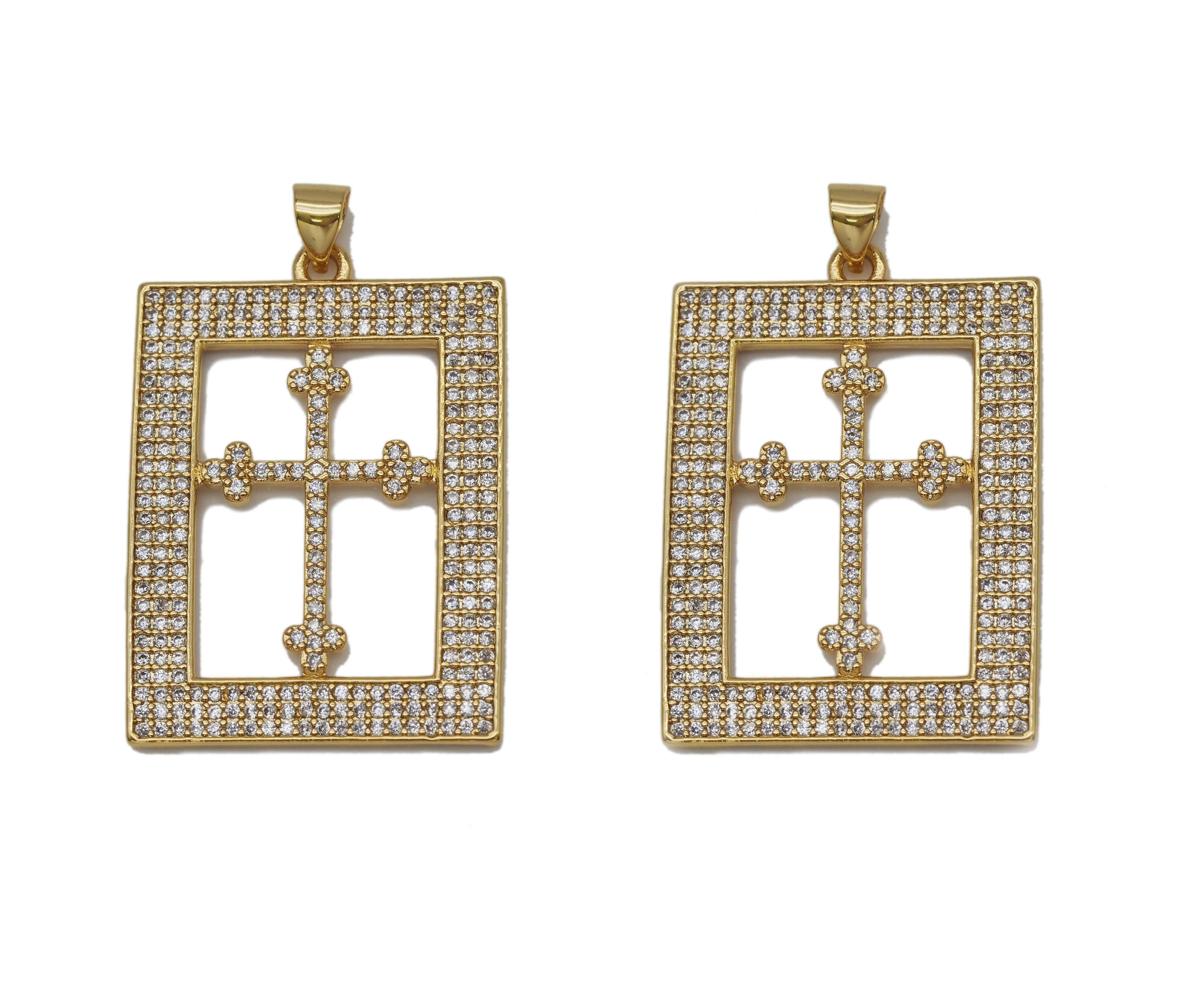 CZ Cross On Rectangle Frame Charm, Sku#LK616
