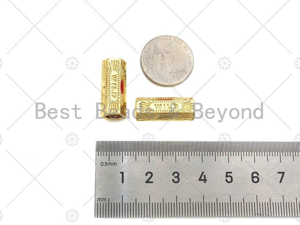 18K Dainty Gold  Wild  Word with Sun Shape On Hexagon Large Hole Tube Spacer Beads,Drum Barrel Beads,Red Enamel Tube Spacer,8x22mm, Sku#Y415