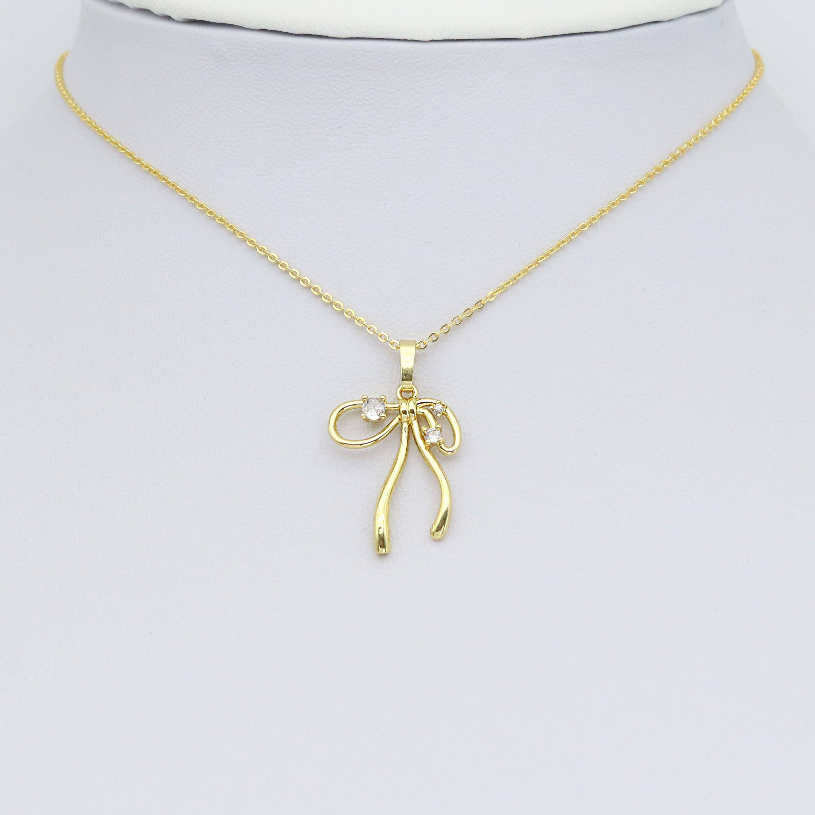 Gold Clear CZ Bow Charm Pendant, Sku#A416