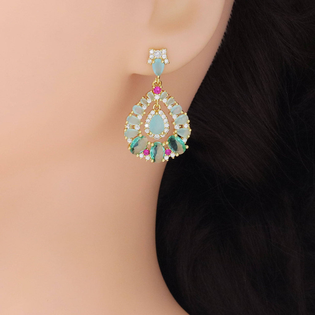 Gold Silver blue Green Oval statement Earrings, Sku#Y921