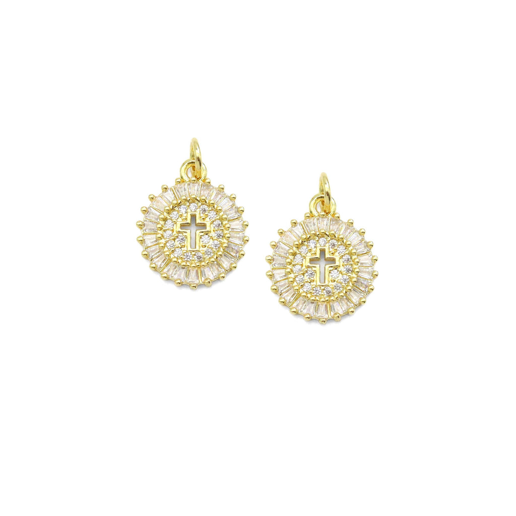 Baguette CZ hollow Out Cross Coin Charm, Sku#LD540
