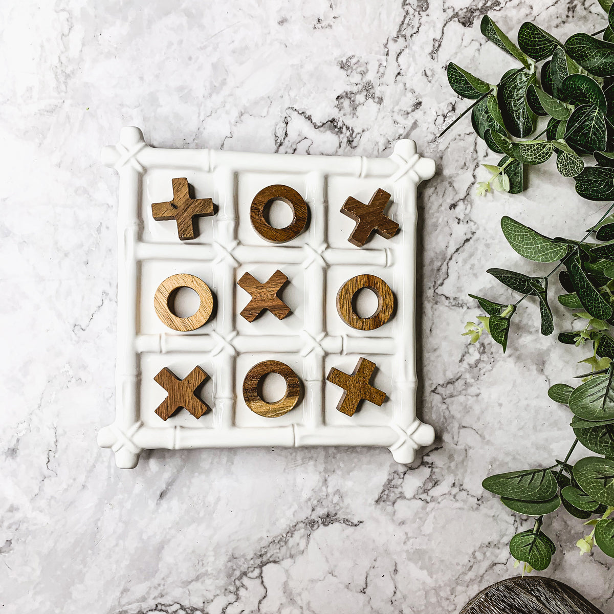 Ceramic Tic Tac Toe Game Faux Bamboo Board With Acacia Wood Pieces, Decor
